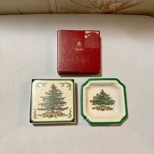 Spode Christmas Tree Items - 6 Cork Back Coasters in Box and Ceramic Ashtray